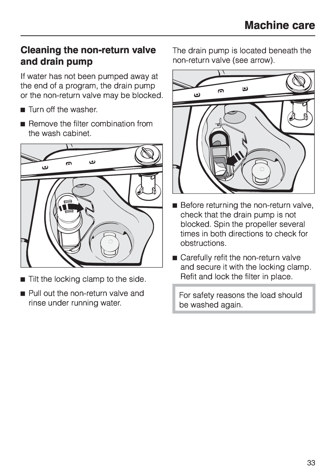 Miele G 7804 operating instructions Cleaning the non-returnvalve and drain pump, Machine care 