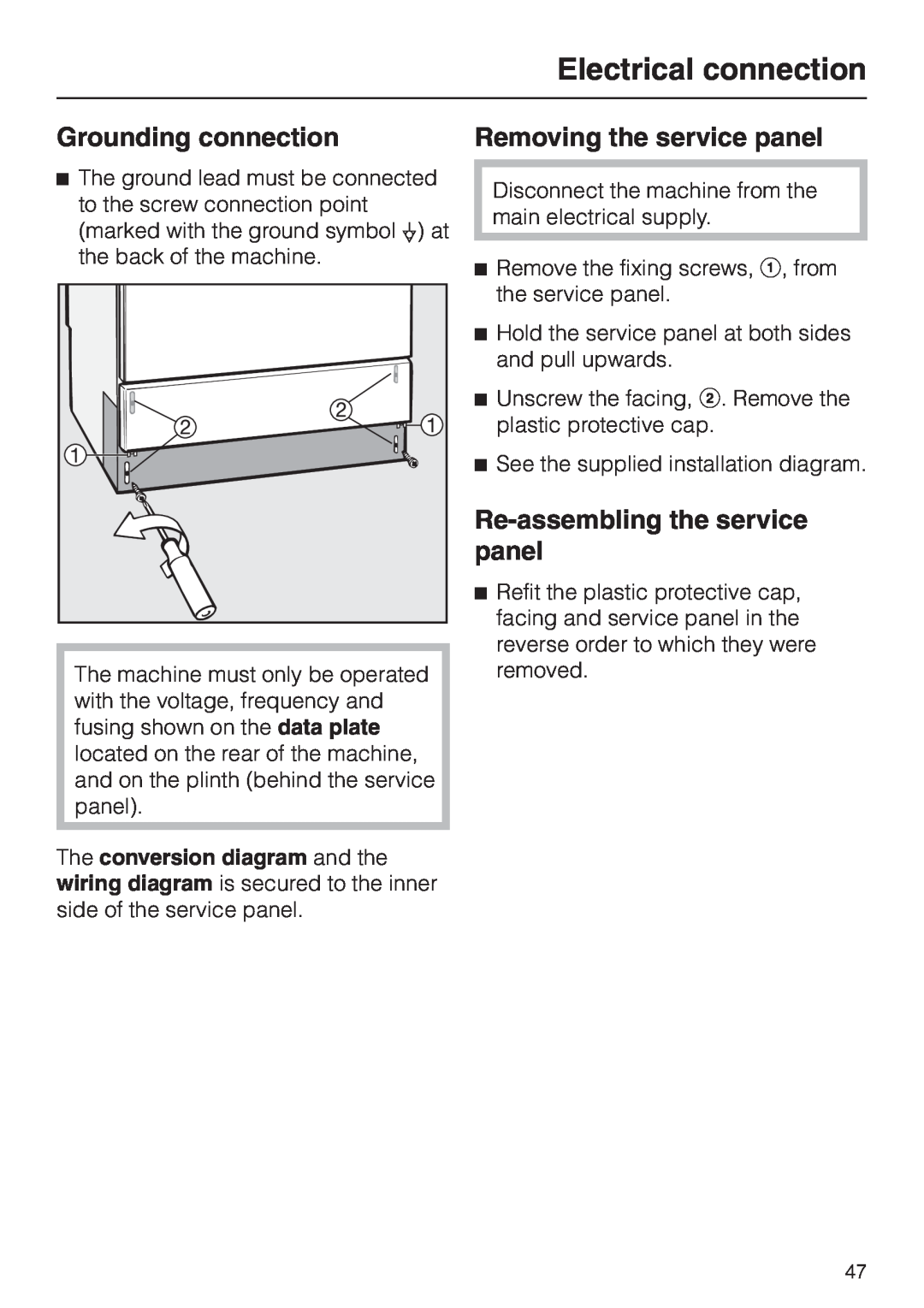 Miele G 7804 Grounding connection, Removing the service panel, Re-assemblingthe service panel, Electrical connection 