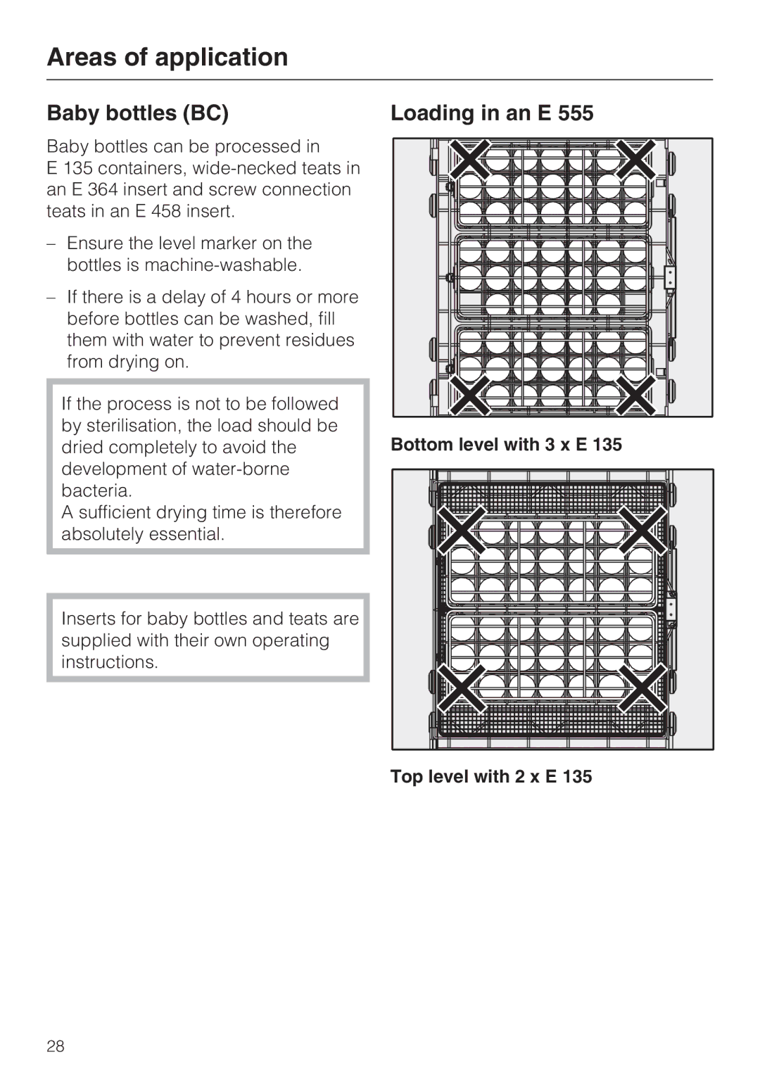 Miele G 7824, G 7823 operating instructions Baby bottles BC, Loading in an E, Bottom level with 3 x E 