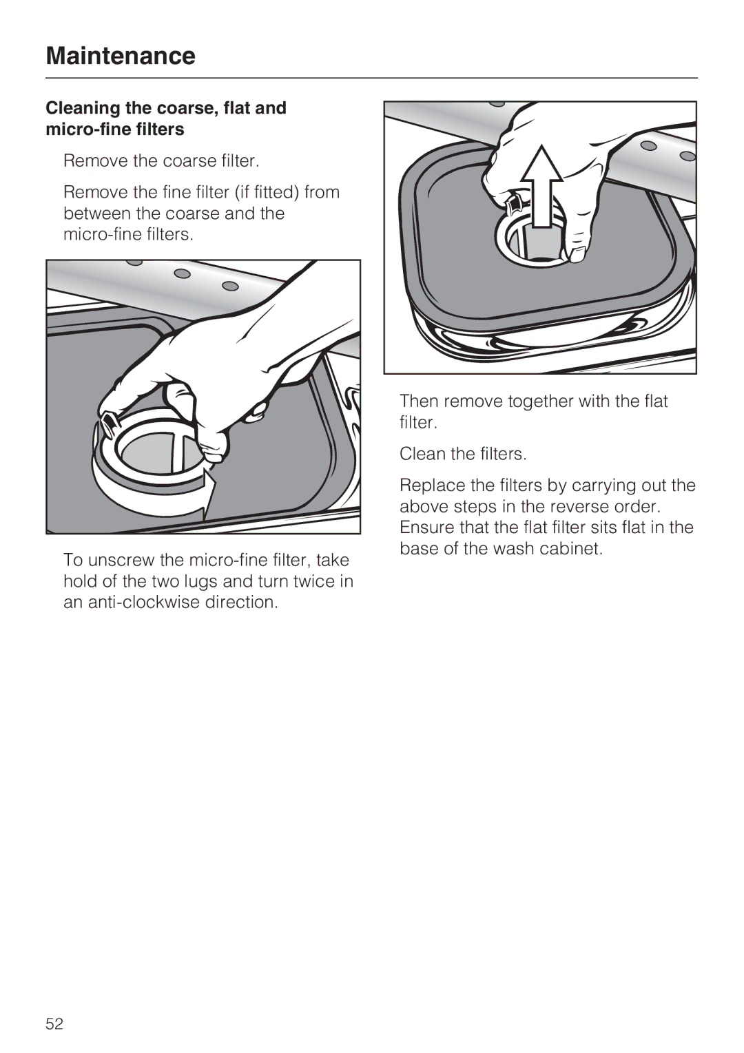 Miele G 7824, G 7823 operating instructions Cleaning the coarse, flat and micro-fine filters 