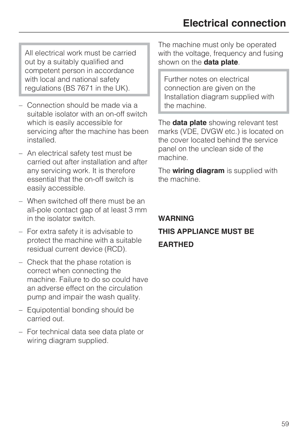 Miele G 7823, G 7824 operating instructions Electrical connection 