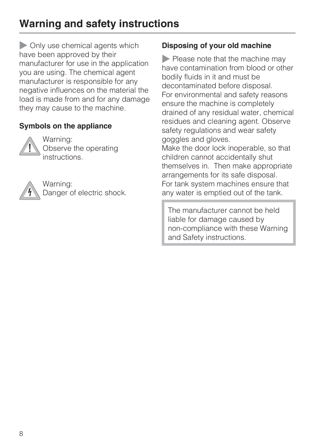 Miele G 7824, G 7823 operating instructions Symbols on the appliance, Disposing of your old machine 