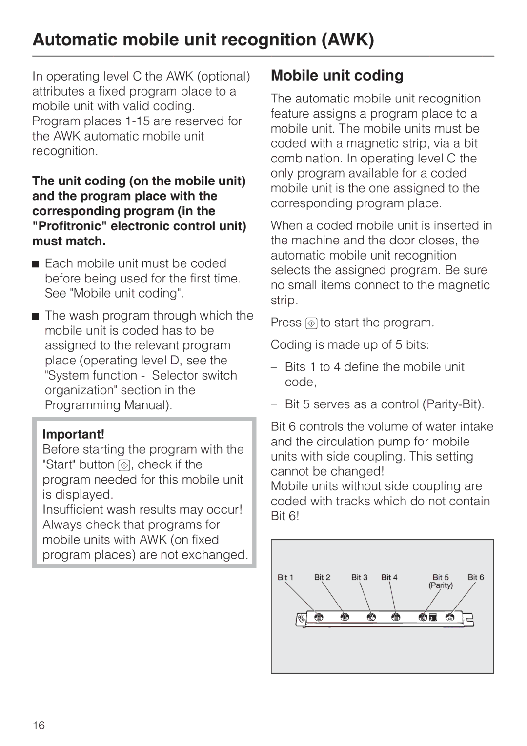 Miele G 7826, G 7825 manual Automatic mobile unit recognition AWK, Mobile unit coding 
