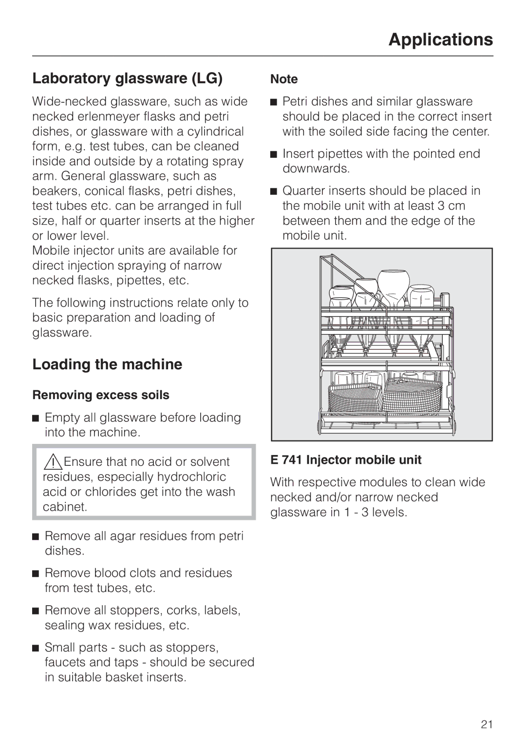 Miele G 7825, G 7826 manual Laboratory glassware LG, Injector mobile unit 