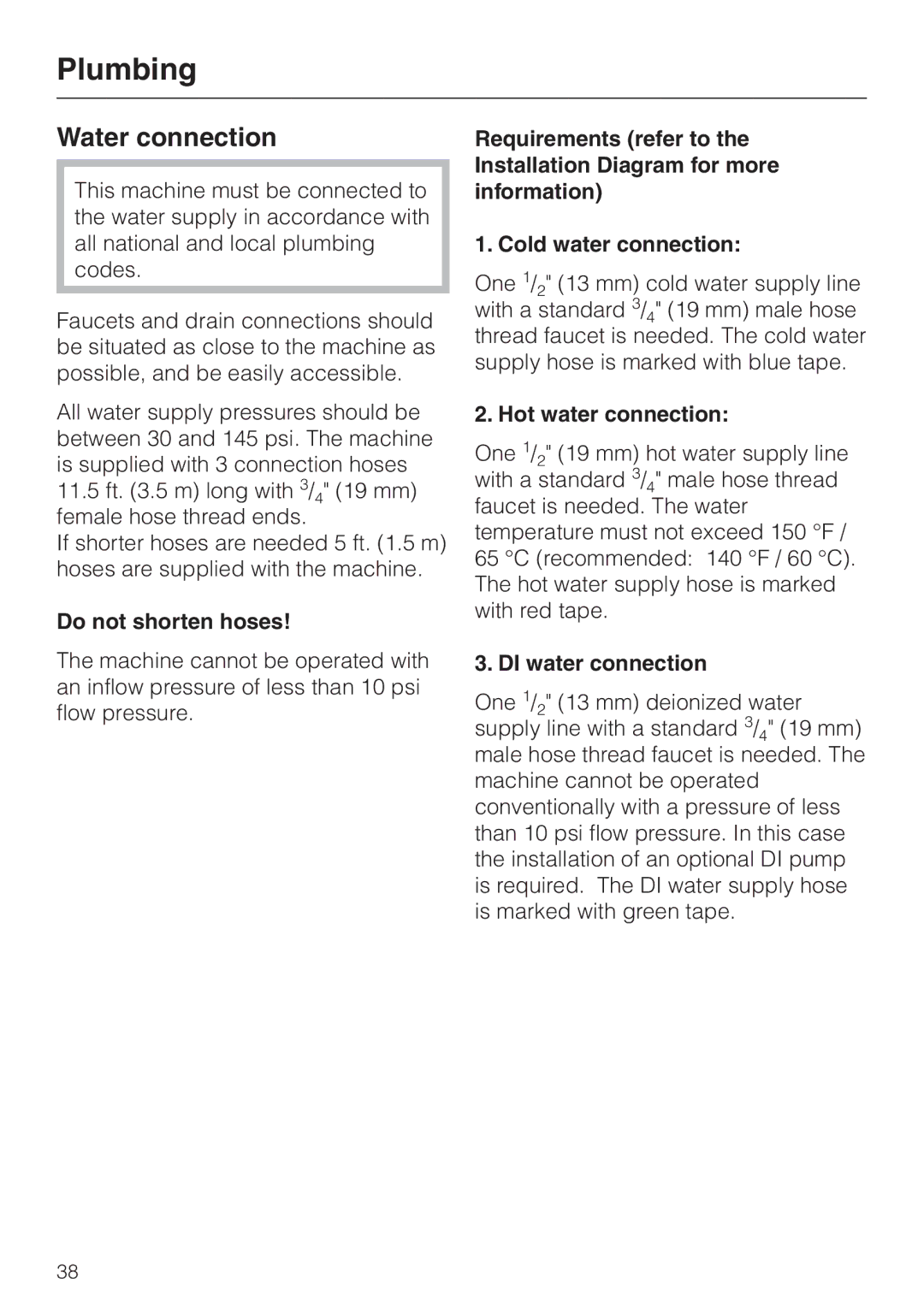 Miele G 7826, G 7825 manual Plumbing, Water connection, Do not shorten hoses, Hot water connection, DI water connection 