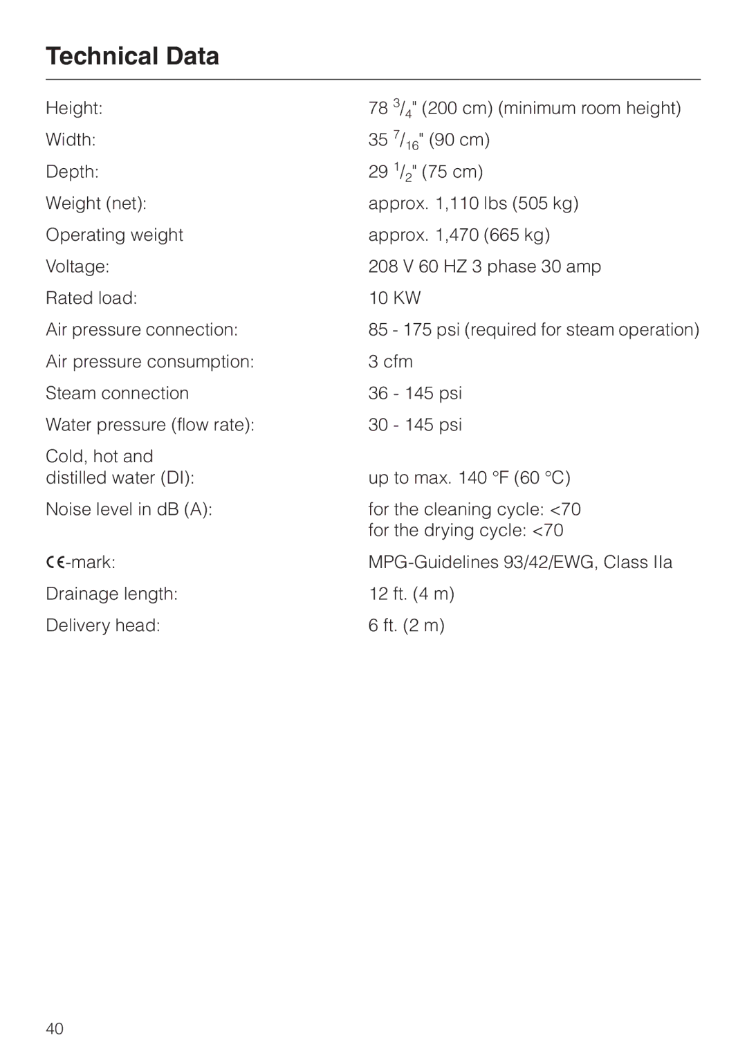 Miele G 7826, G 7825 manual Technical Data 