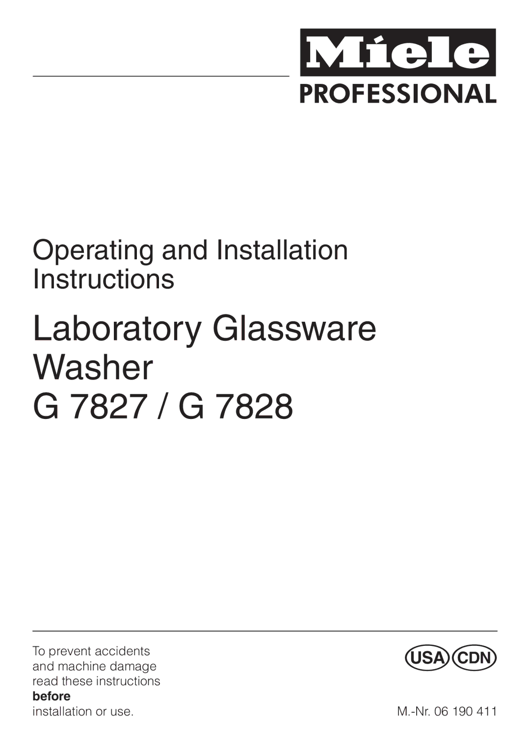 Miele G 7827, G 7828 installation instructions Laboratory Glassware Washer 7827 / G 