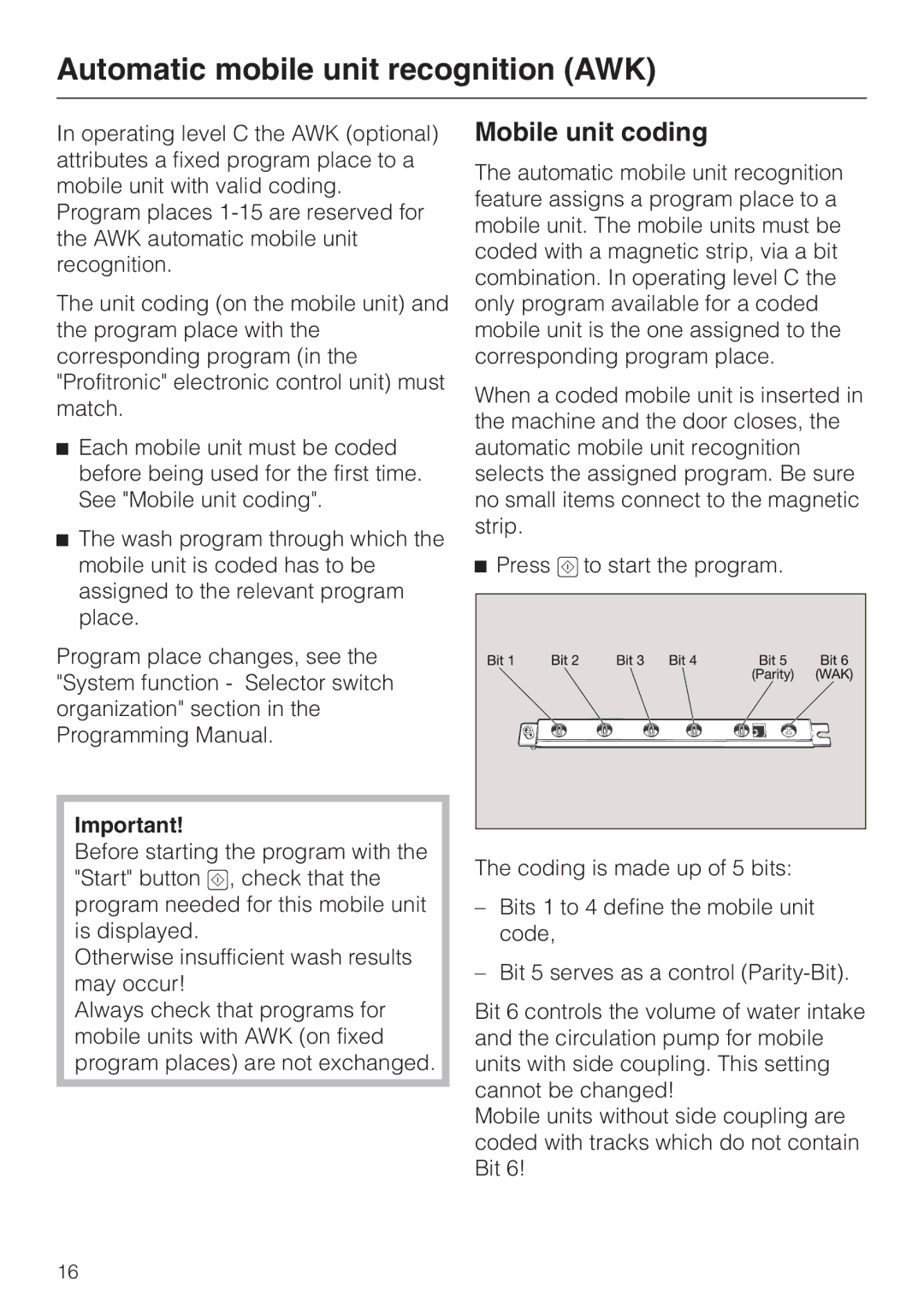 Miele G 7828, G 7827 installation instructions Automatic mobile unit recognition AWK, Mobile unit coding 