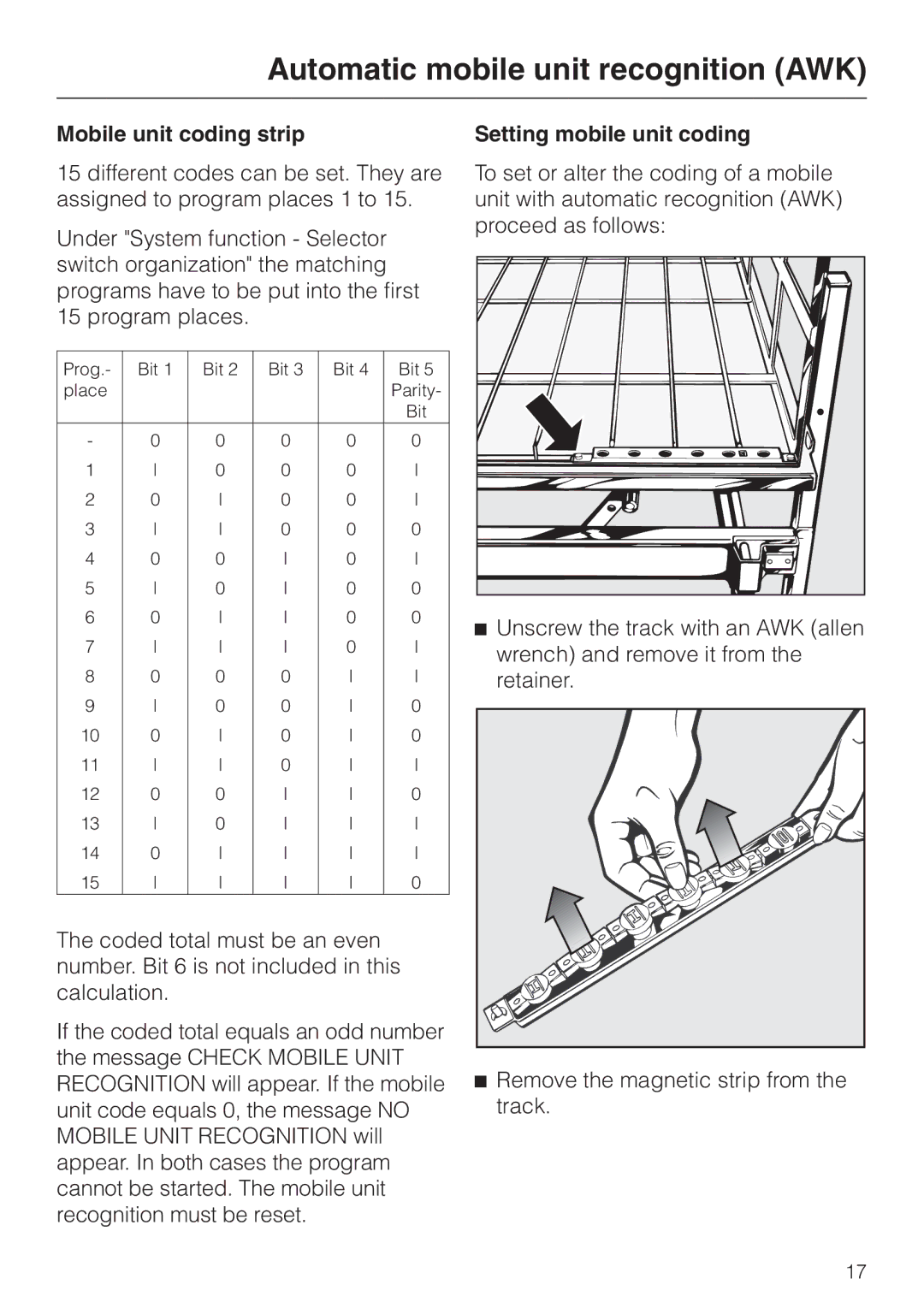 Miele G 7827, G 7828 installation instructions Mobile unit coding strip, Setting mobile unit coding 