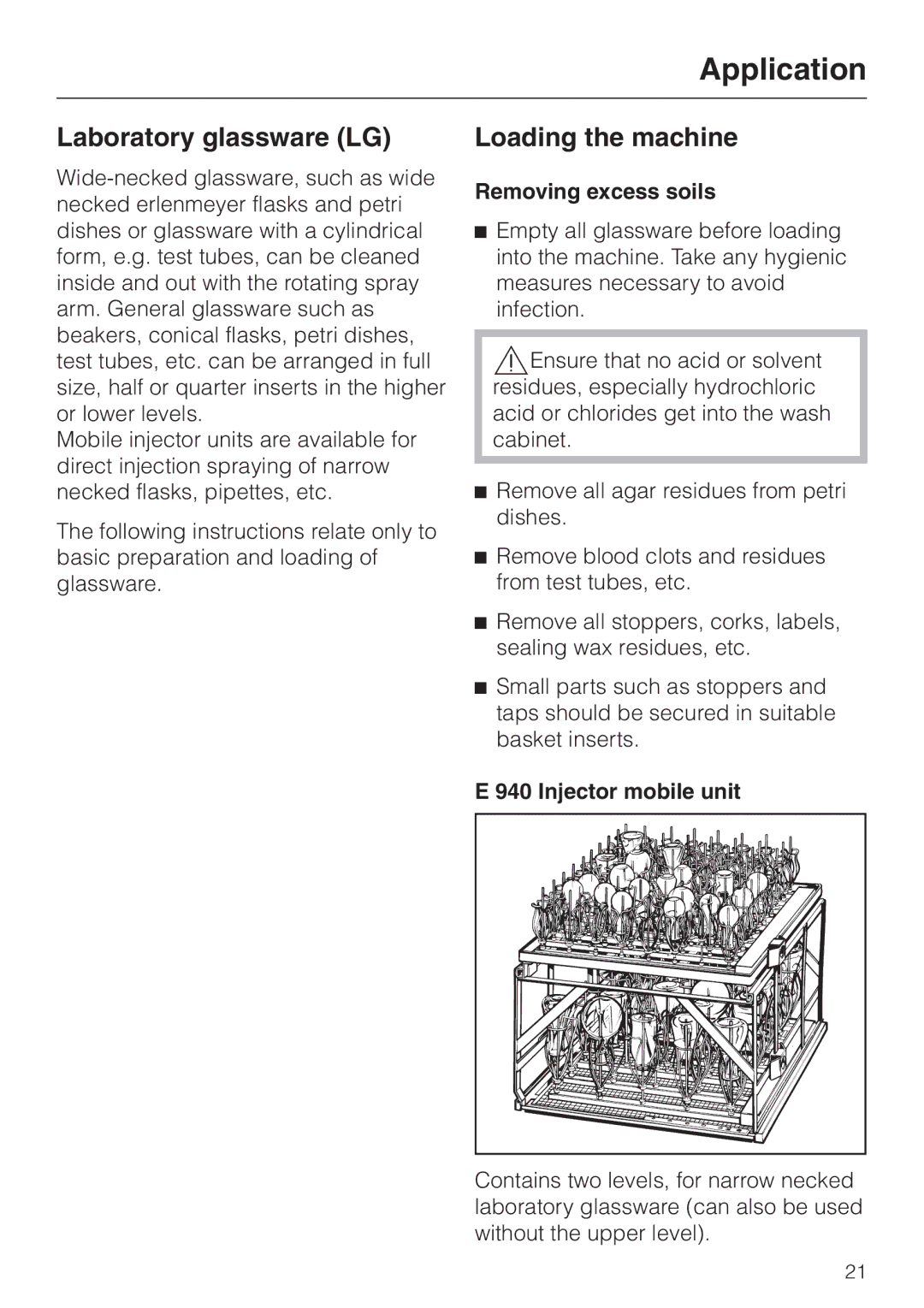 Miele G 7827, G 7828 Laboratory glassware LG, Loading the machine, Removing excess soils, Injector mobile unit 