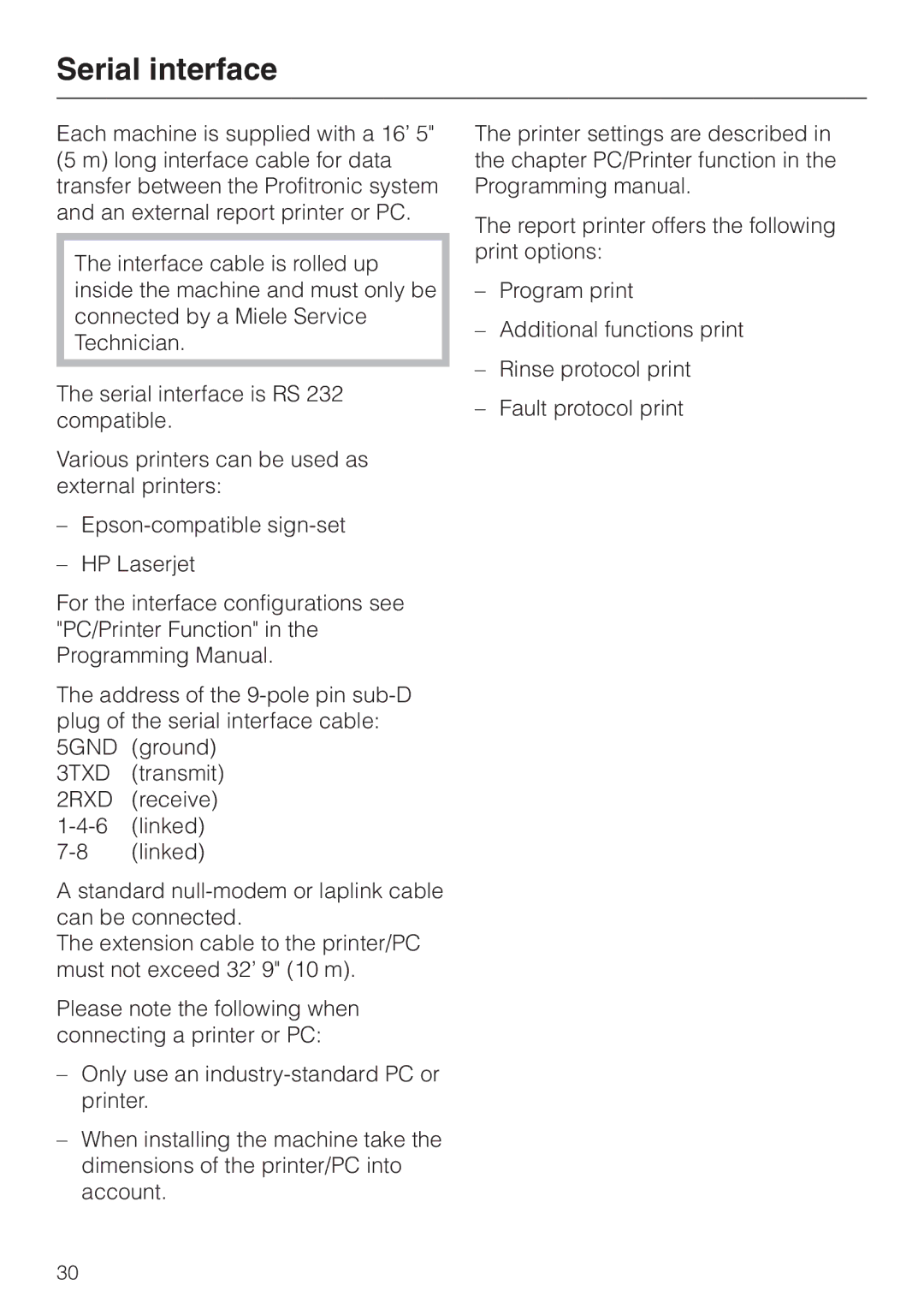 Miele G 7828, G 7827 installation instructions Serial interface 