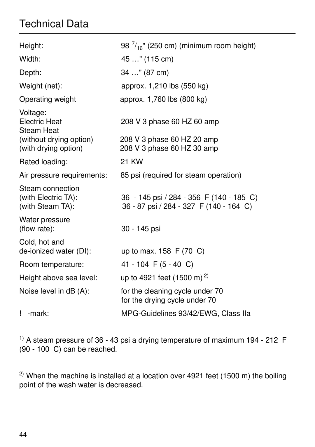 Miele G 7828, G 7827 installation instructions Technical Data 