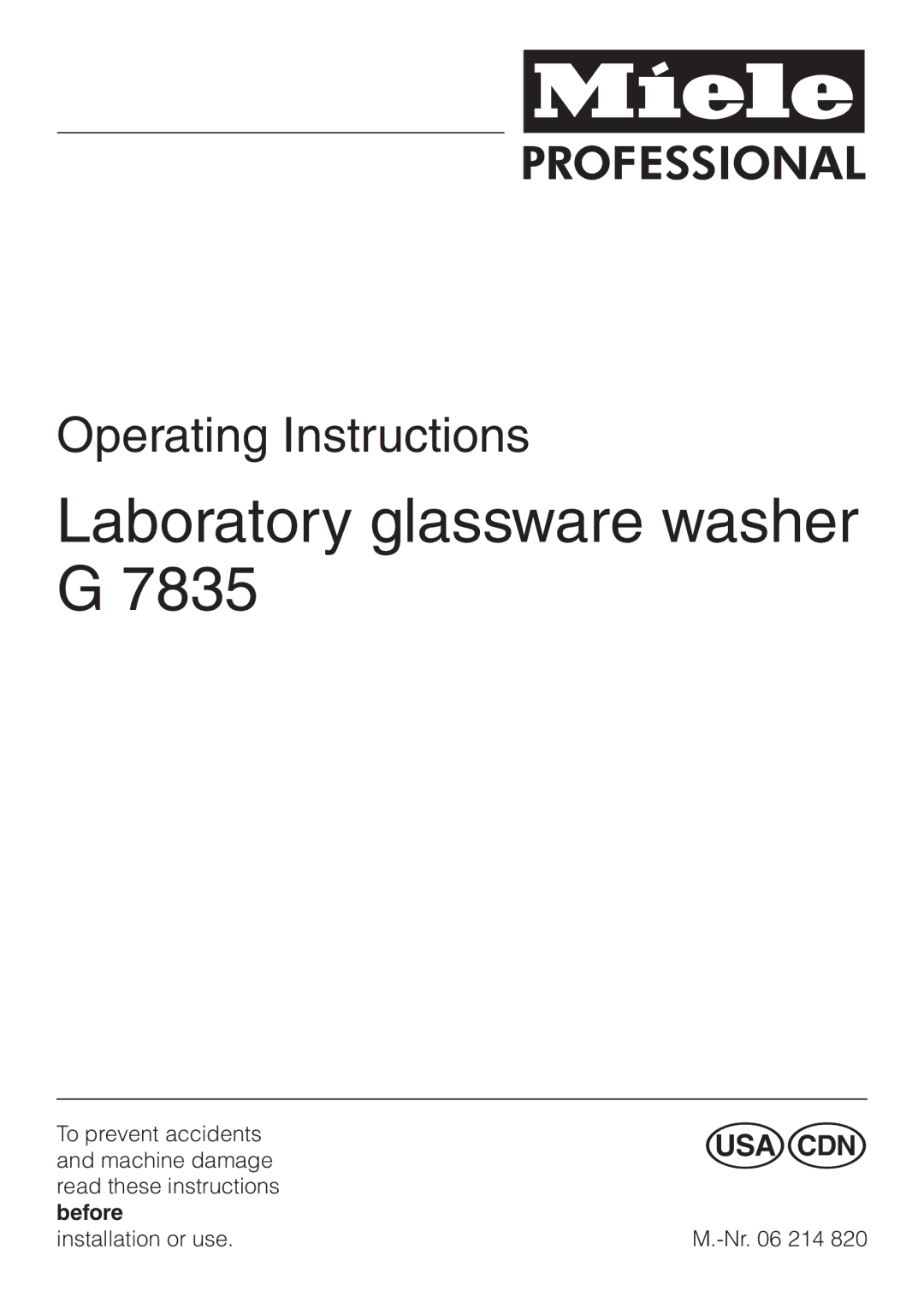 Miele G 7835 operating instructions Laboratory glassware washer G 