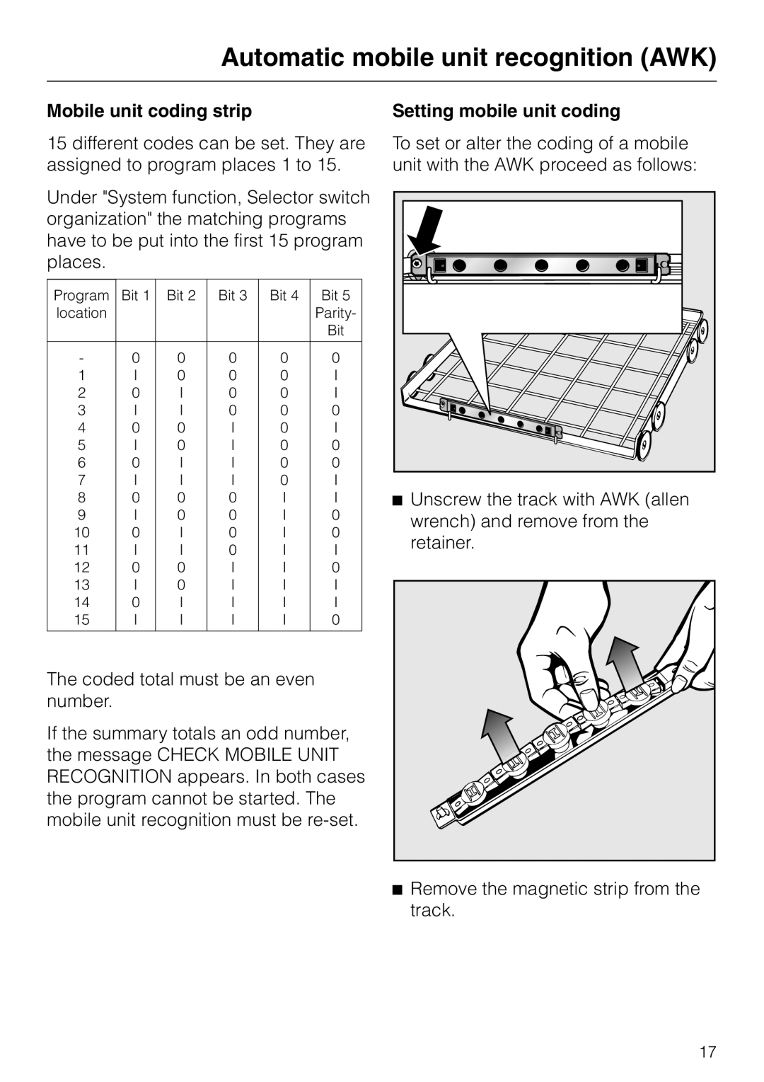 Miele G 7835 operating instructions Mobile unit coding strip, Setting mobile unit coding 