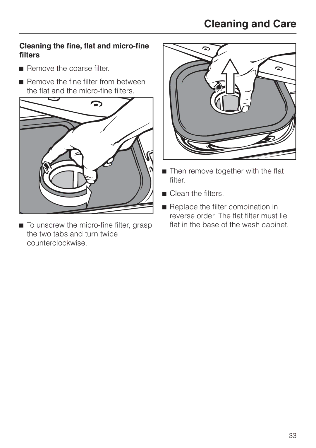 Miele G 7835 operating instructions Cleaning the fine, flat and micro-fine filters 