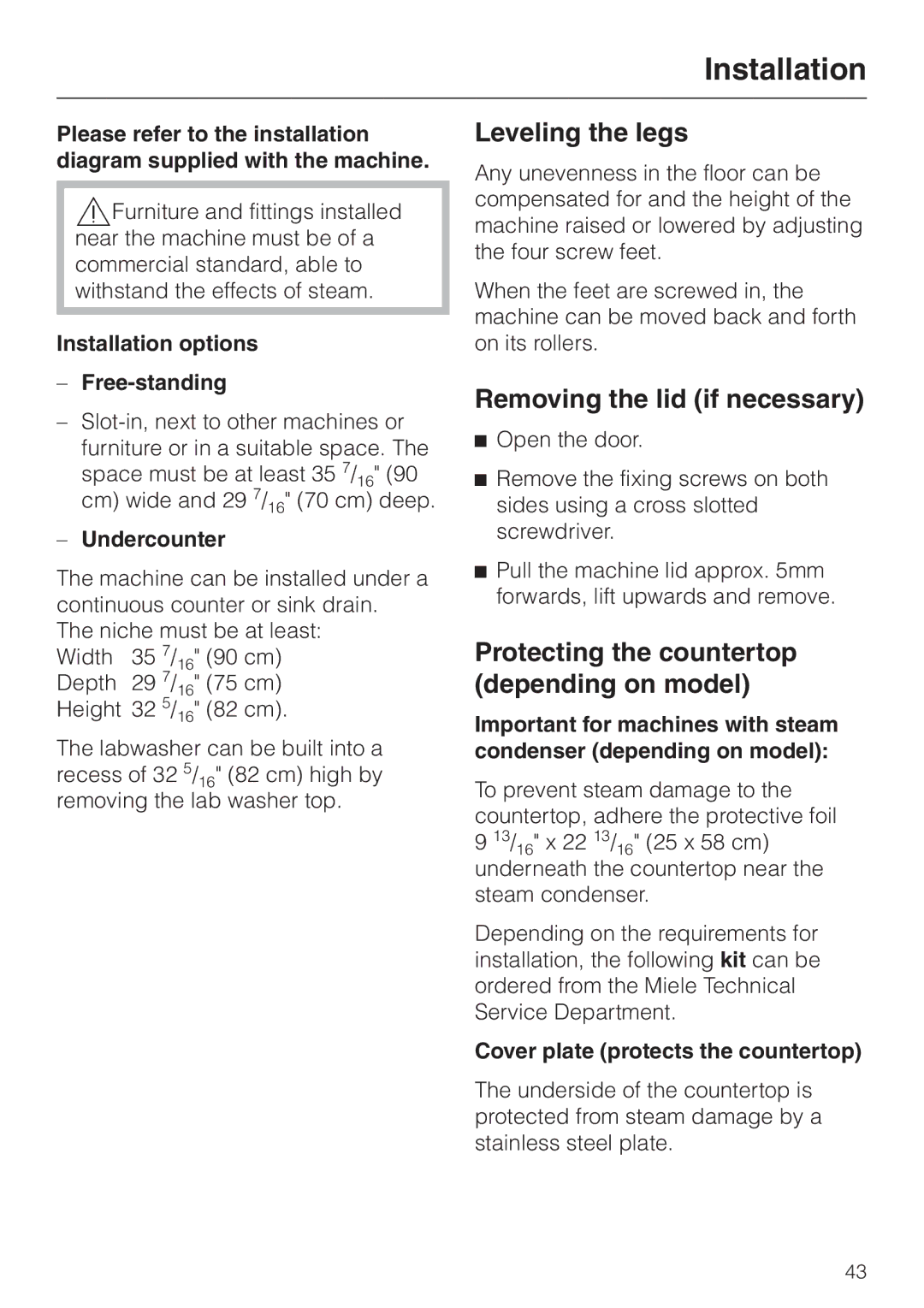 Miele G 7835 Installation, Leveling the legs, Removing the lid if necessary, Protecting the countertop depending on model 