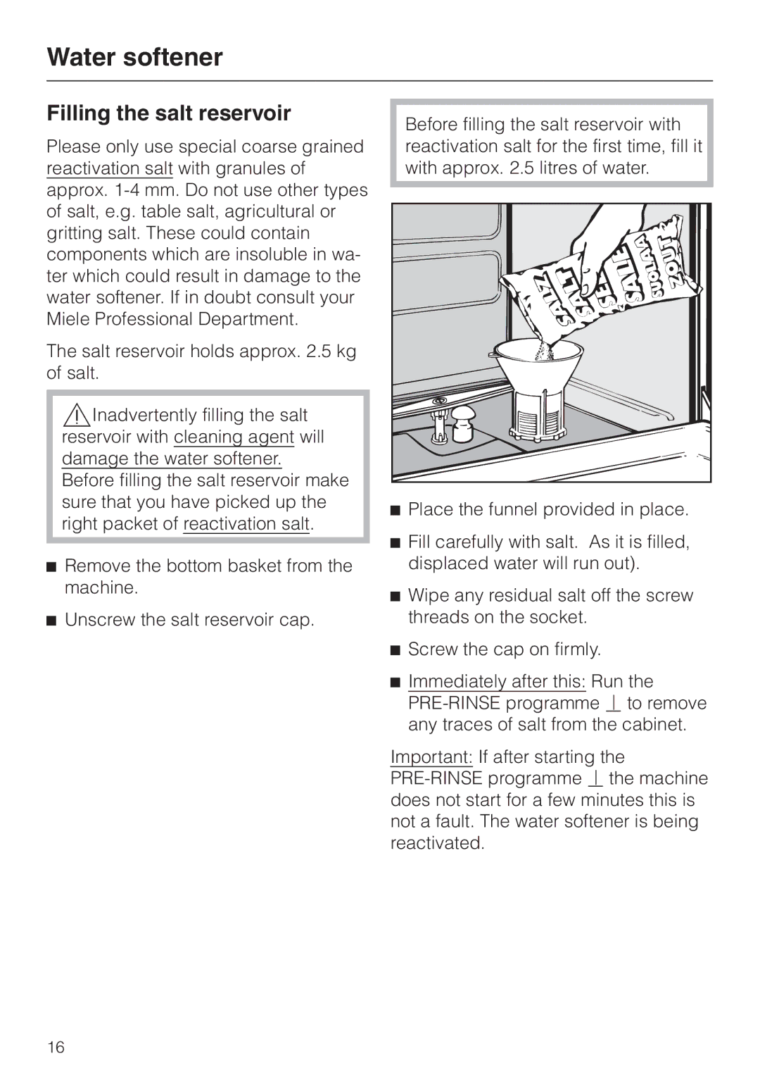 Miele G 7855 manual Filling the salt reservoir 