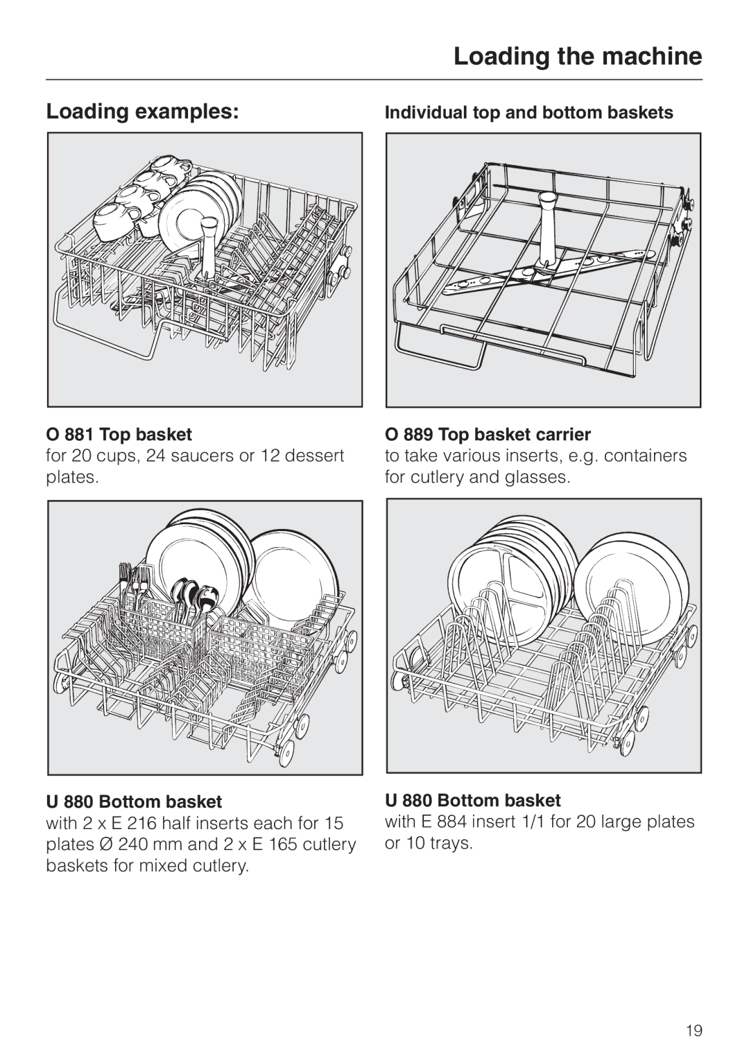 Miele G 7855 manual Loading examples, Bottom basket, Individual top and bottom baskets Top basket carrier 