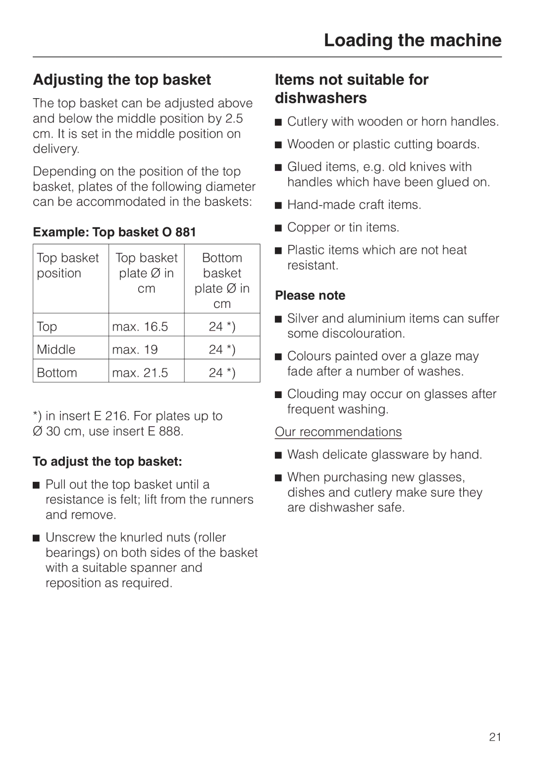 Miele G 7855 Adjusting the top basket, Items not suitable for dishwashers, Example Top basket O, To adjust the top basket 