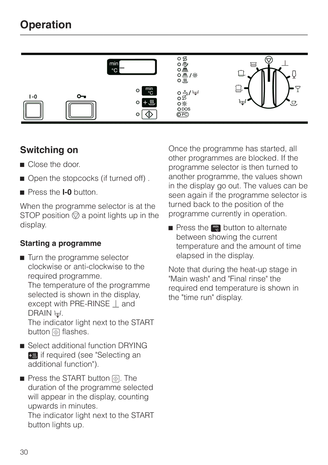 Miele G 7855 manual Operation, Switching on, Starting a programme 