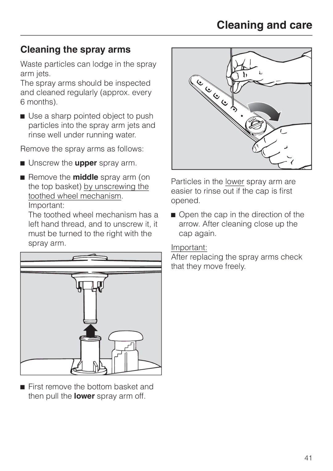 Miele G 7855 manual Cleaning the spray arms 