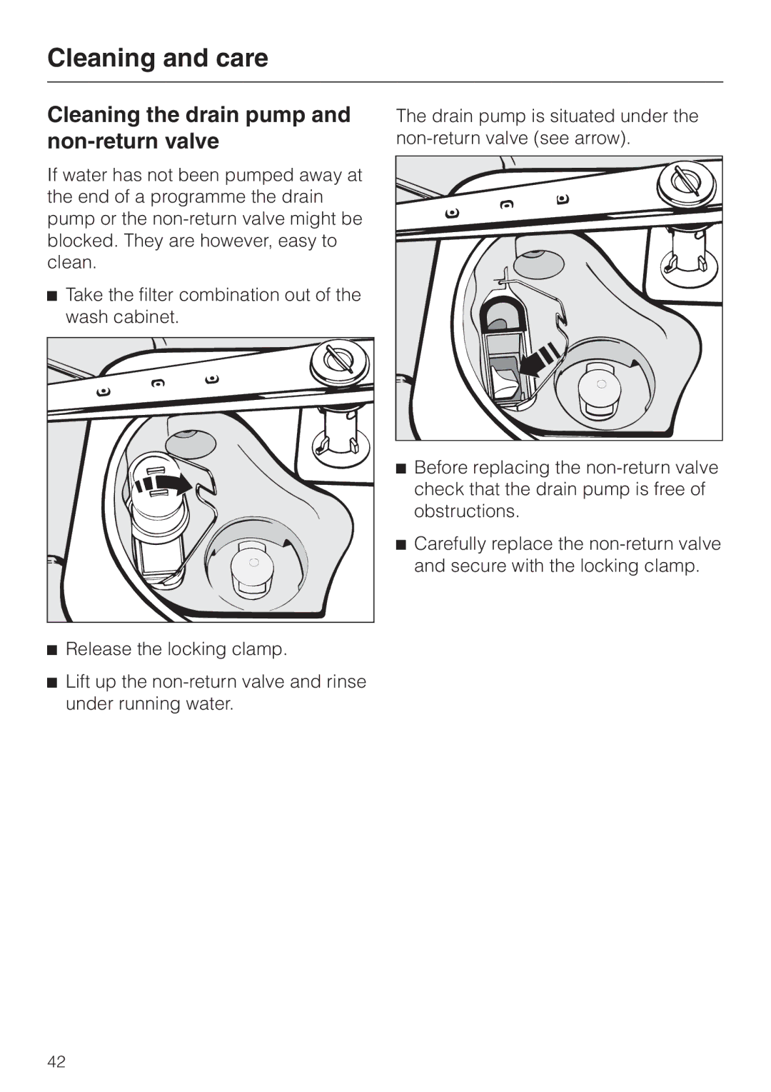 Miele G 7855 manual Cleaning the drain pump and non-return valve, Release the locking clamp 