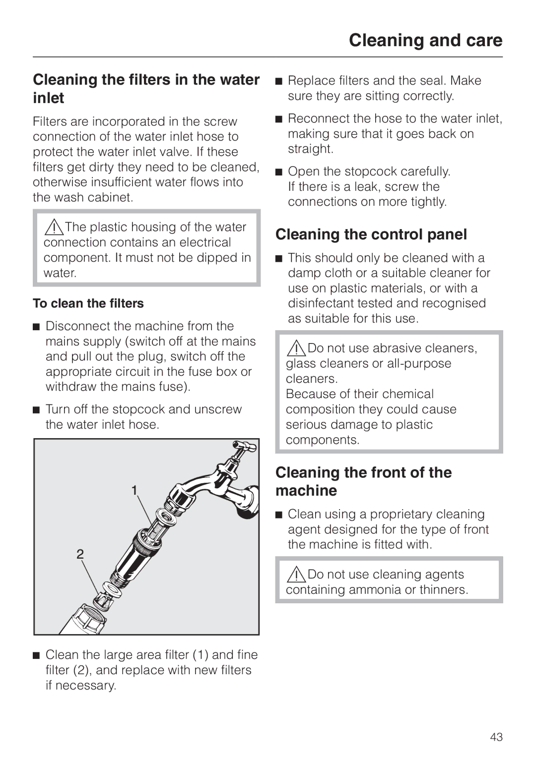 Miele G 7855 manual Cleaning the filters in the water inlet, Cleaning the control panel, Cleaning the front of the machine 
