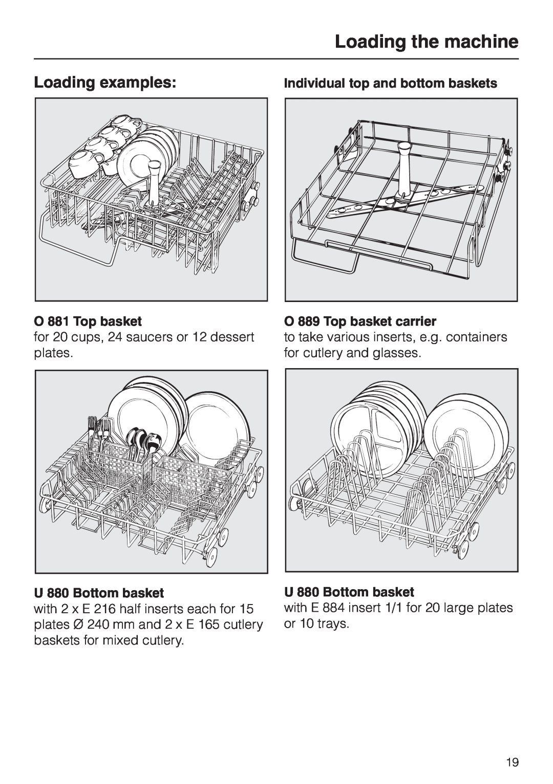 Miele G 7855 manual Loading examples, O 881 Top basket, U 880 Bottom basket, Individual top and bottom baskets 