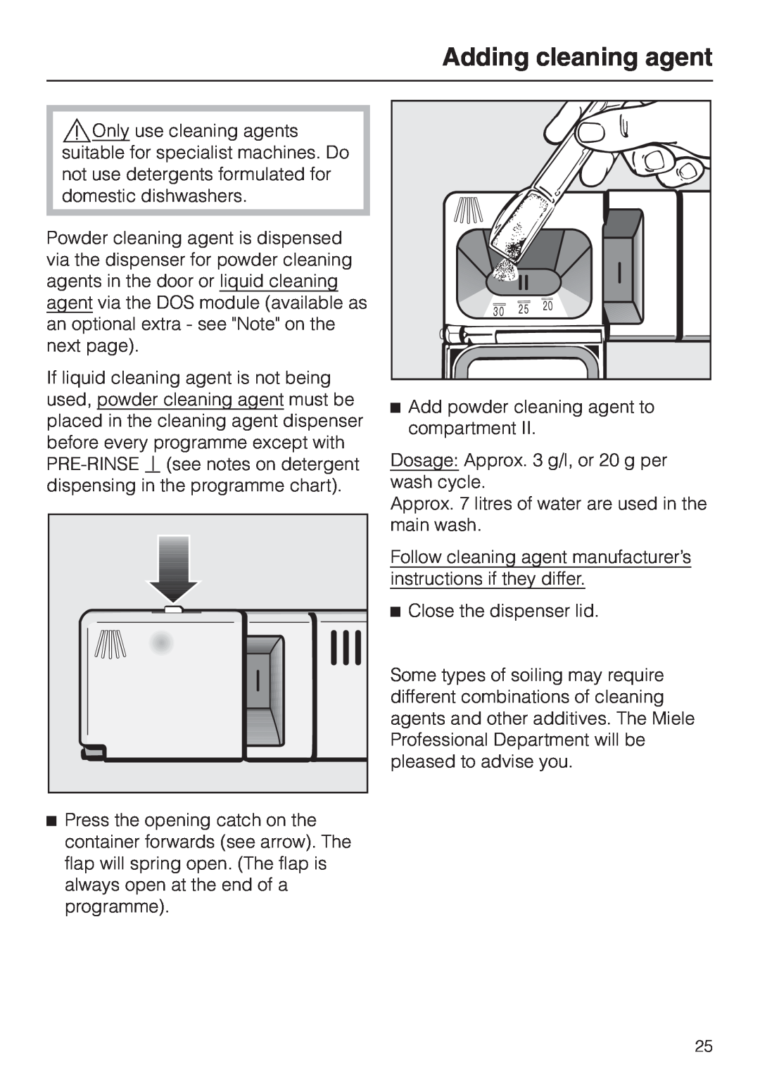 Miele G 7855 manual Adding cleaning agent 