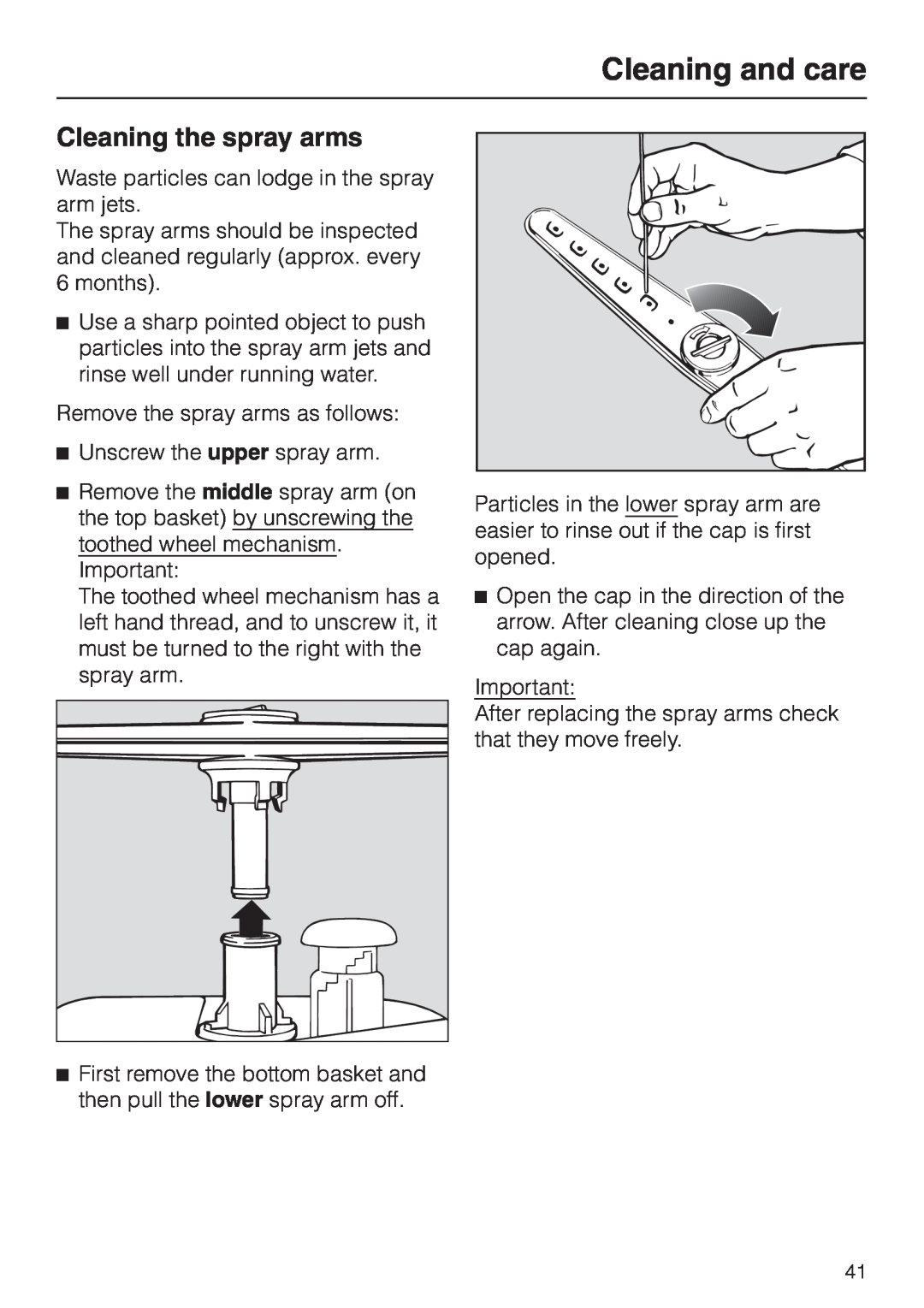 Miele G 7855 manual Cleaning the spray arms, Cleaning and care 