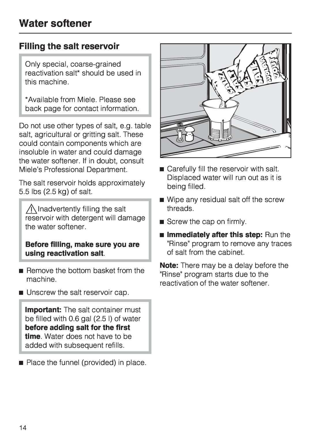 Miele G 7856, 06 868 521 installation instructions Filling the salt reservoir, Water softener 