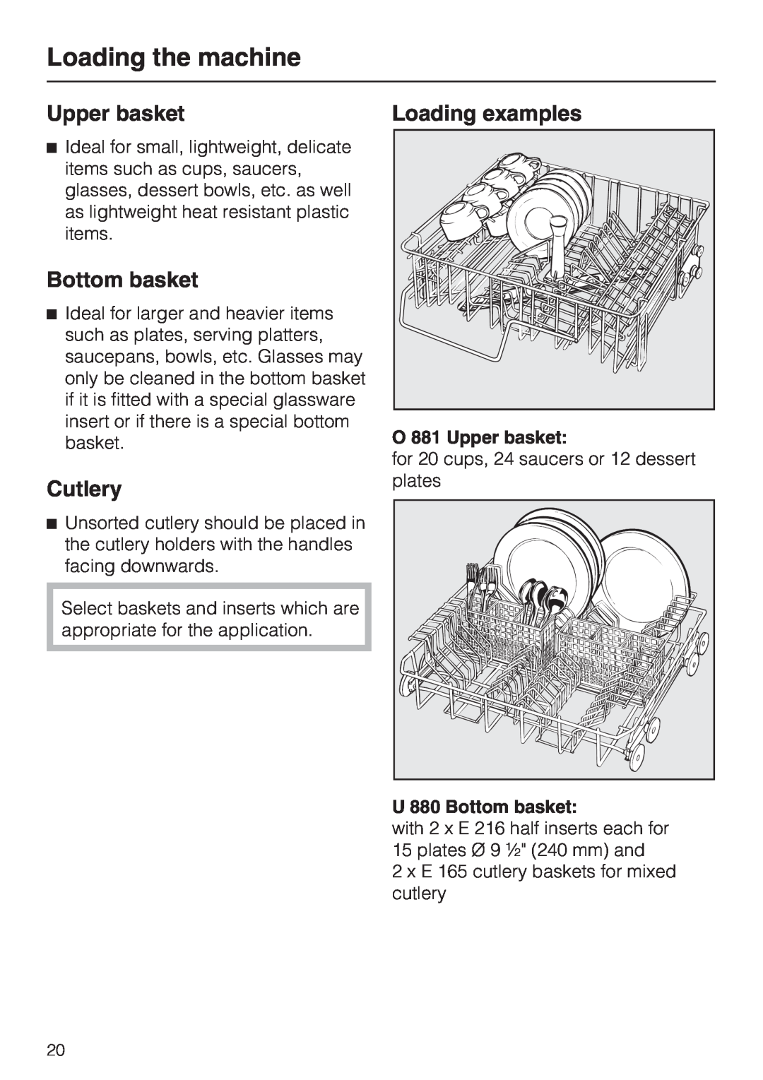 Miele G 7856, 06 868 521 Upper basket, Bottom basket, Cutlery, Loading examples, Loading the machine 