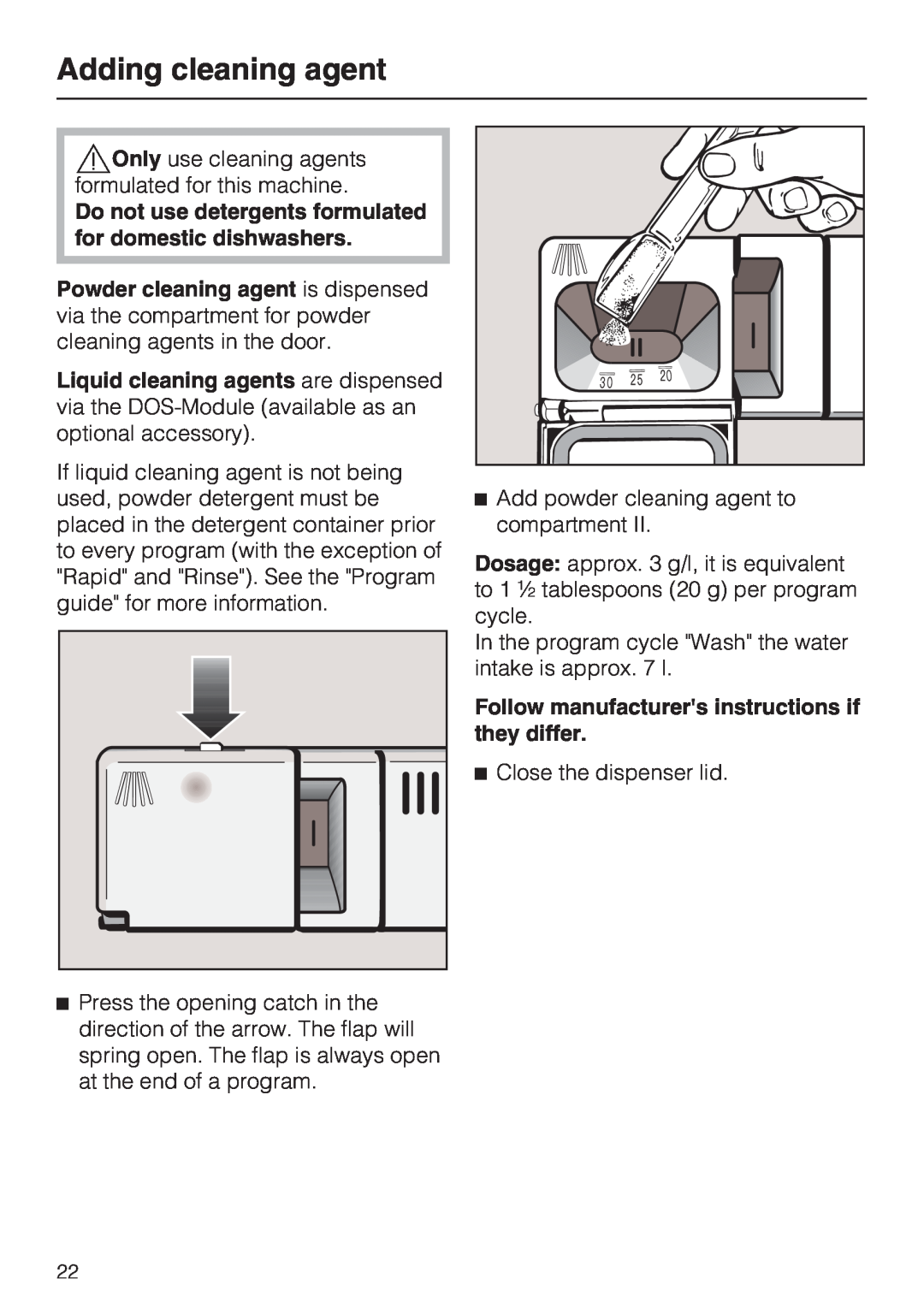 Miele G 7856, 06 868 521 installation instructions Adding cleaning agent 