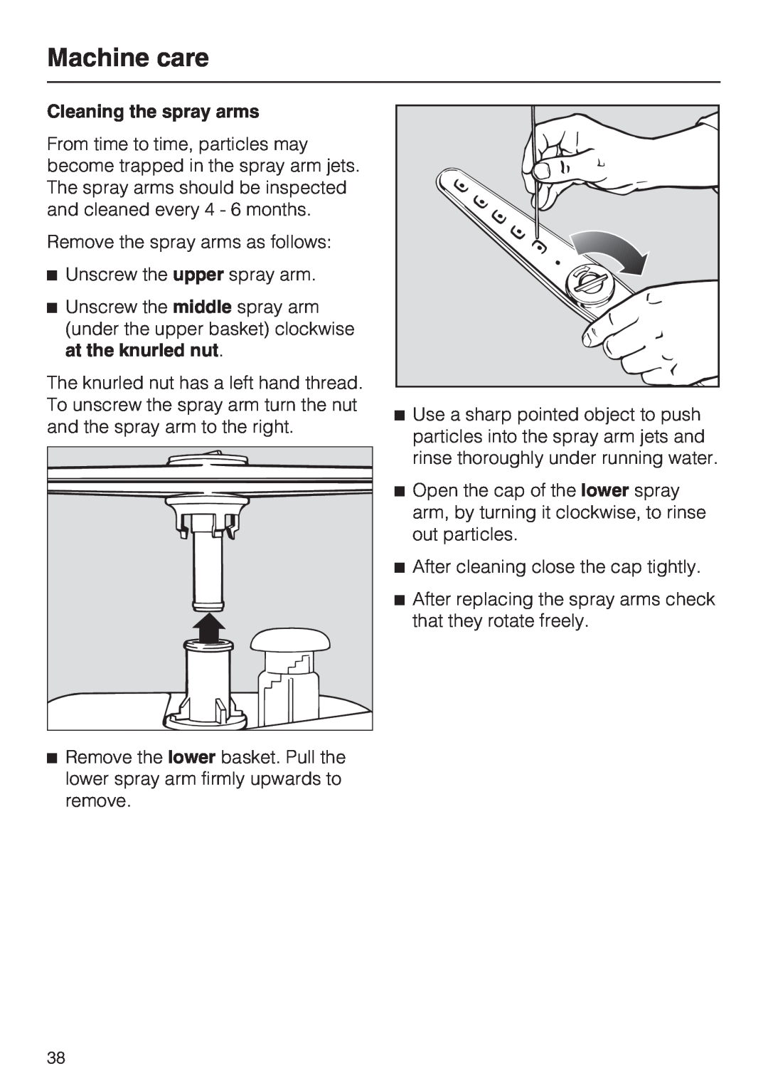Miele G 7856, 06 868 521 installation instructions Machine care, Cleaning the spray arms 