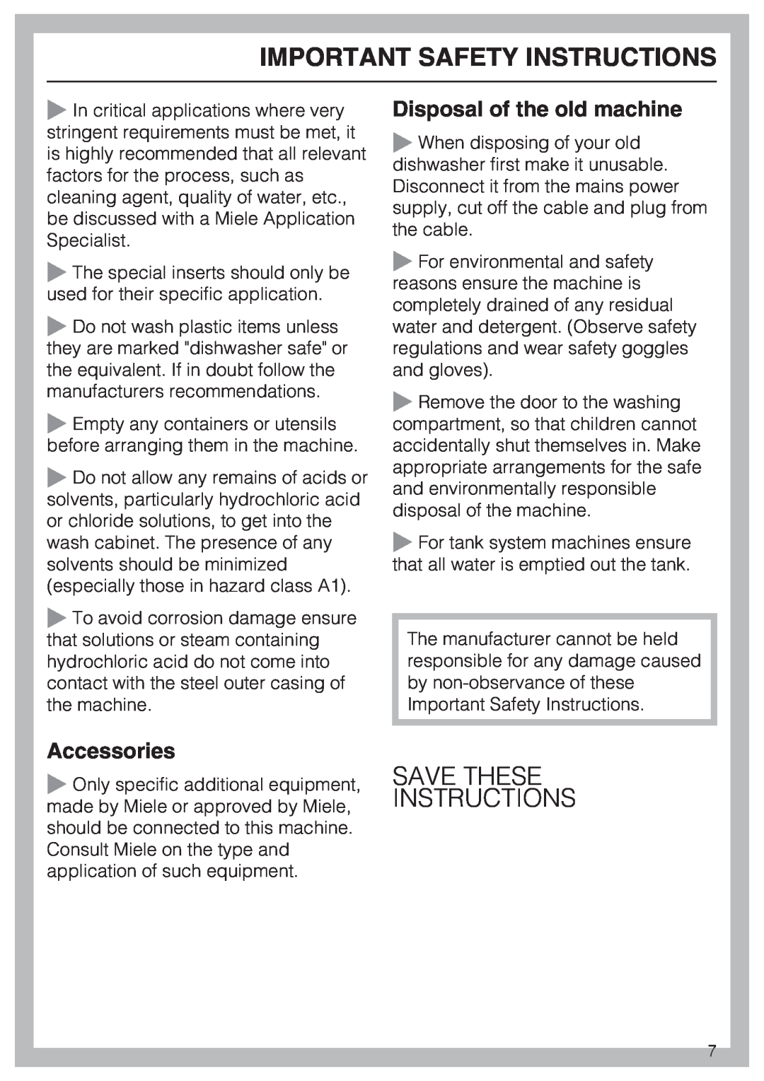 Miele 06 868 521, G 7856 Disposal of the old machine, Accessories, Important Safety Instructions, Save These Instructions 