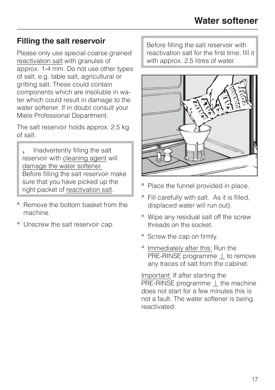 Miele G 7860 operating instructions Filling the salt reservoir 