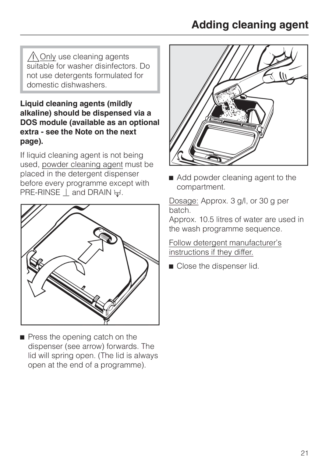 Miele G 7860 operating instructions Adding cleaning agent 