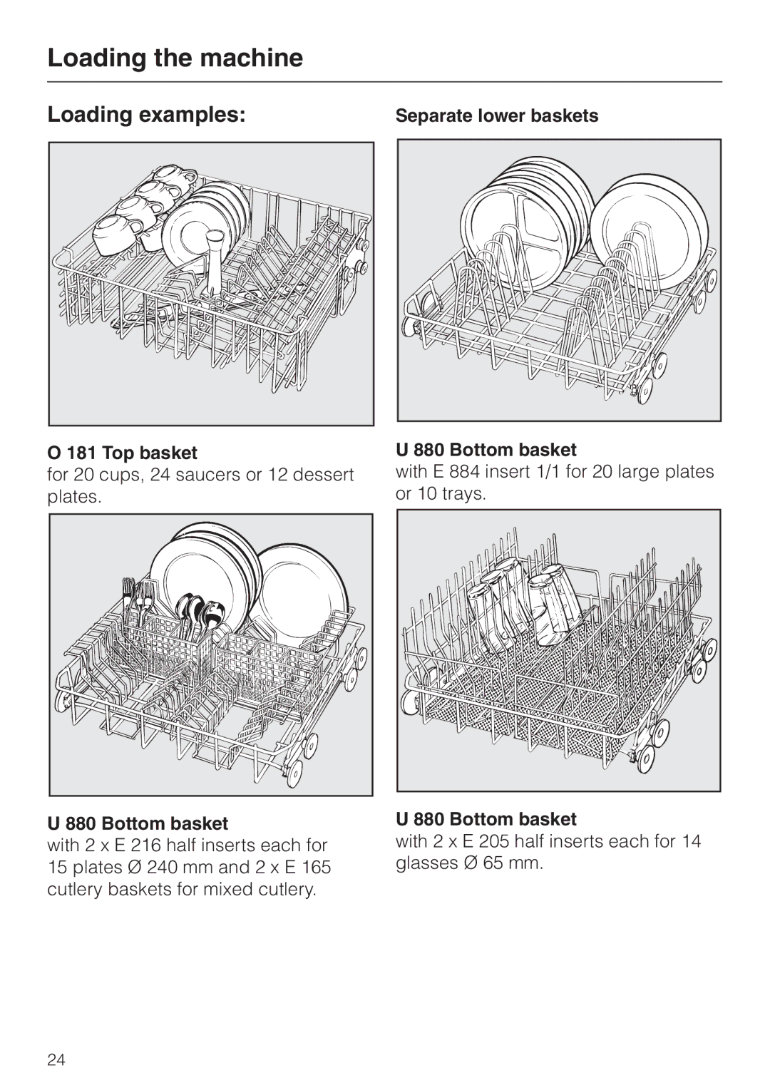 Miele G 7860 operating instructions Loading examples, Top basket, Separate lower baskets Bottom basket 