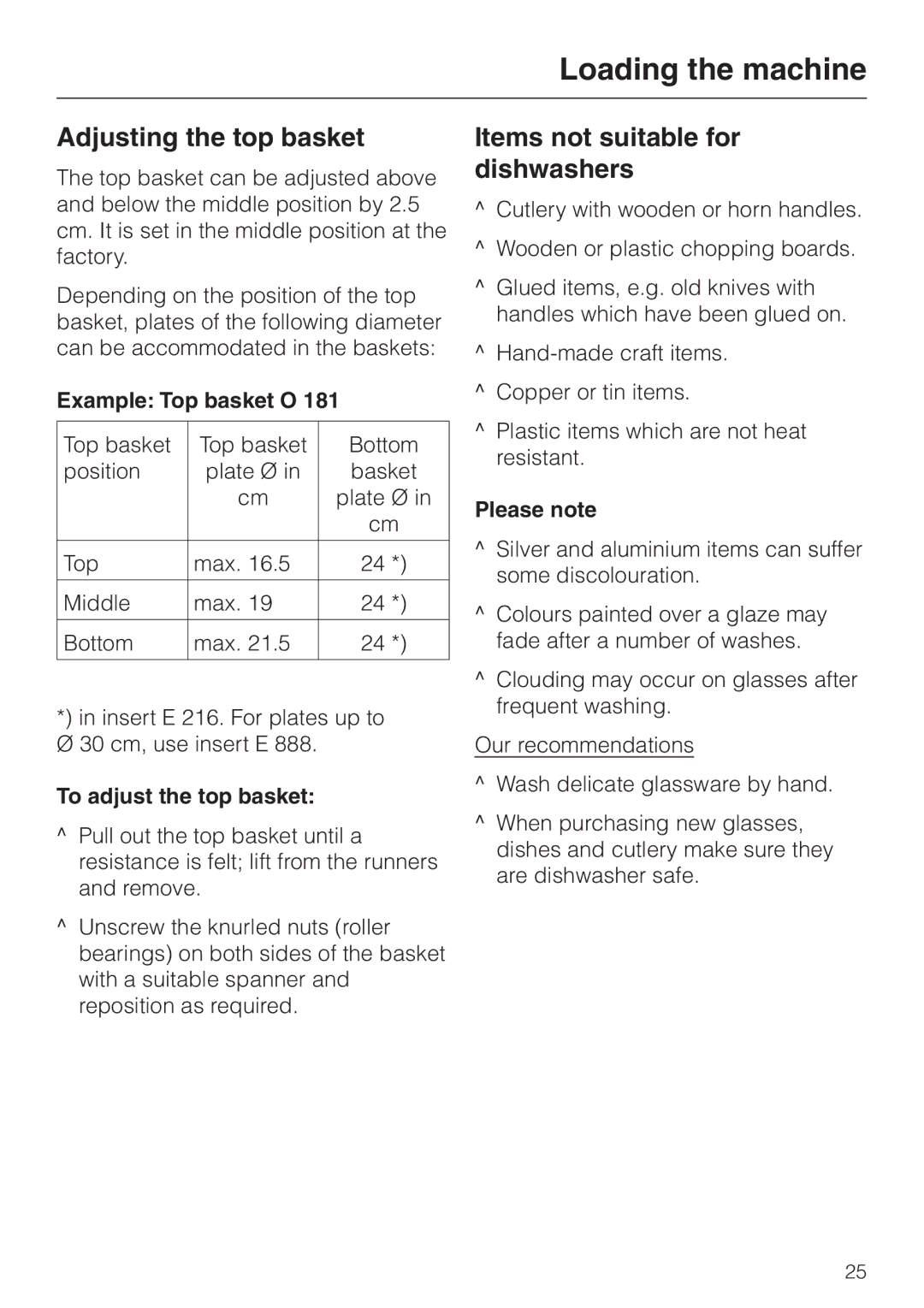 Miele G 7860 Adjusting the top basket, Items not suitable for dishwashers, Example Top basket O, To adjust the top basket 