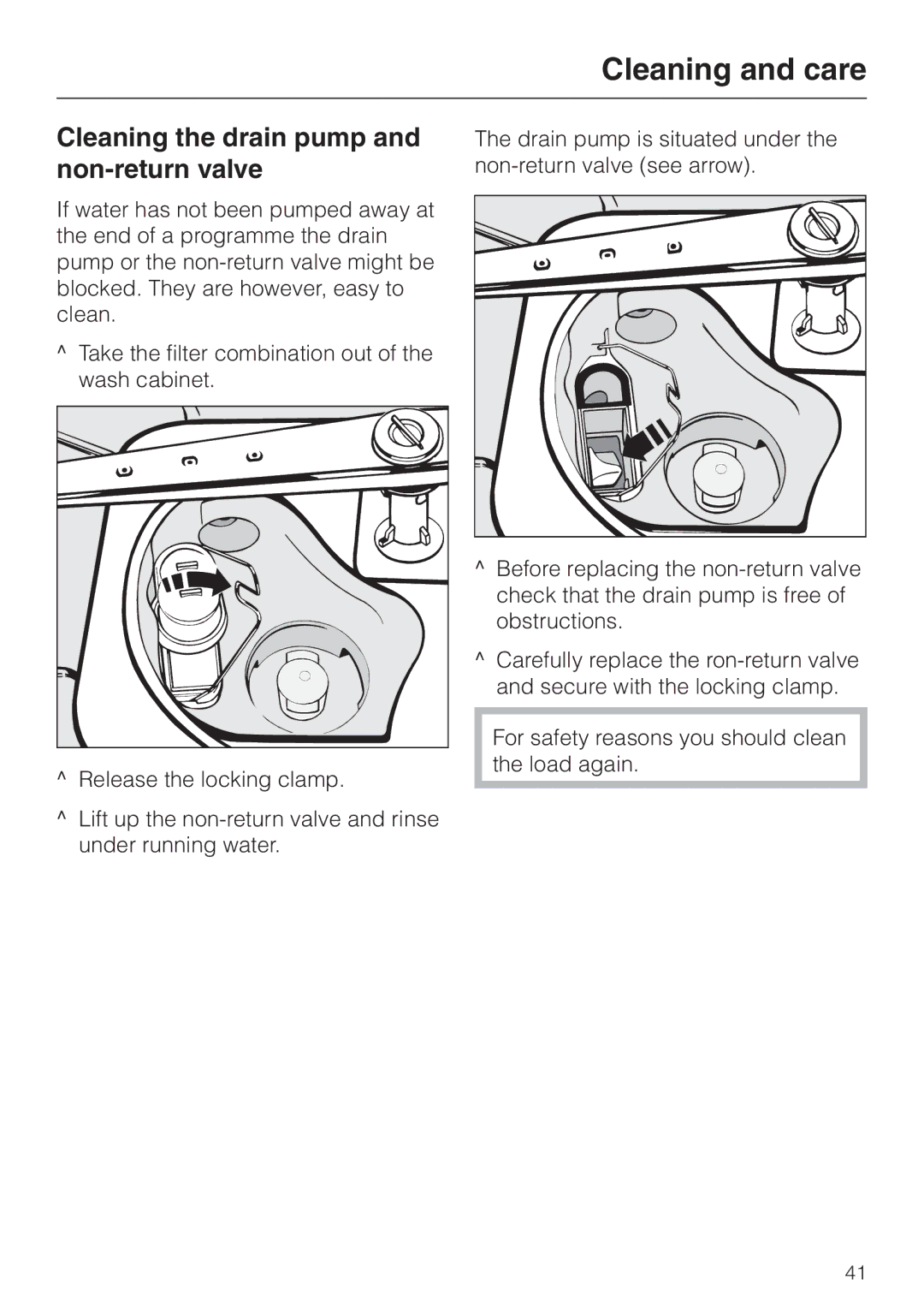 Miele G 7860 operating instructions Cleaning the drain pump and non-return valve, Release the locking clamp 