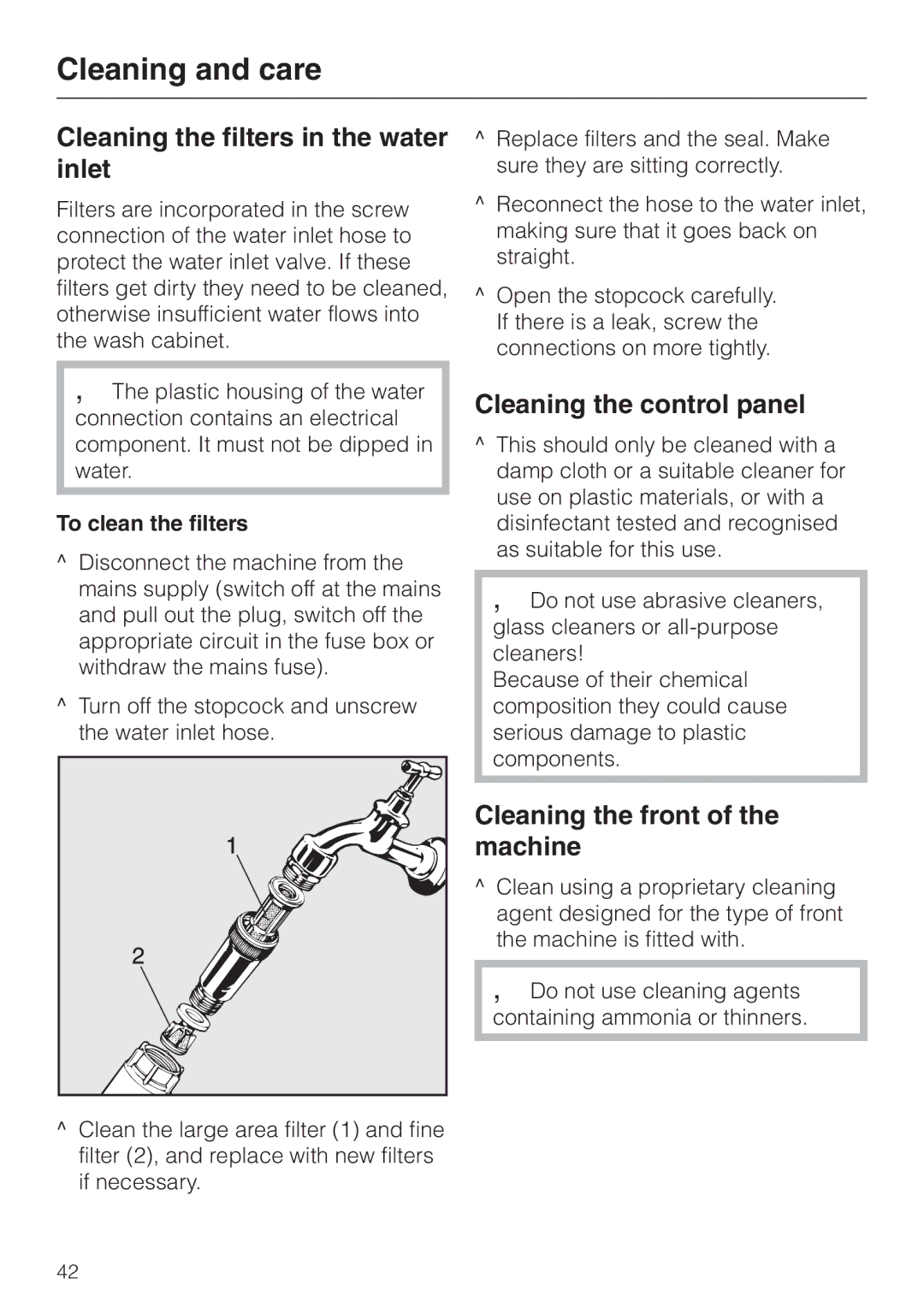 Miele G 7860 Cleaning the filters in the water inlet, Cleaning the control panel, Cleaning the front of the machine 