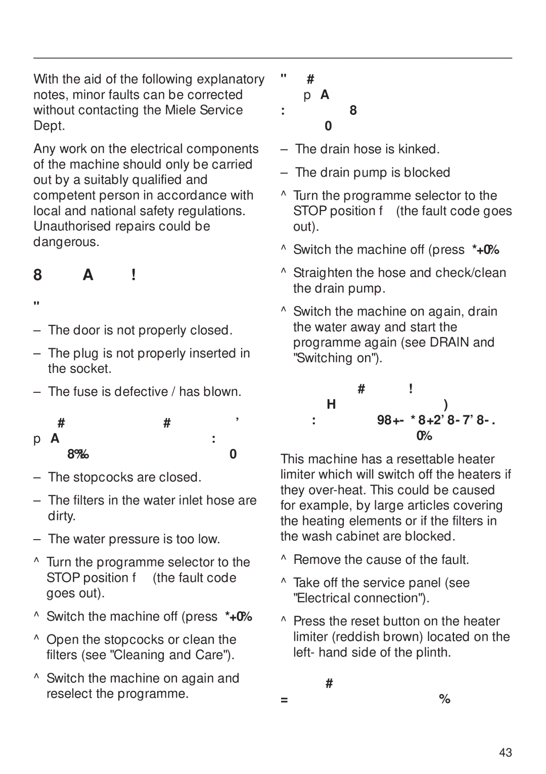 Miele G 7860 operating instructions Correcting minor faults, Faults / possible causes, Machine does not start 