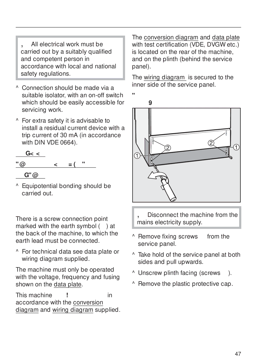 Miele G 7860 operating instructions Electrical connection, Bonding connection, To remove the service panel and plinth 