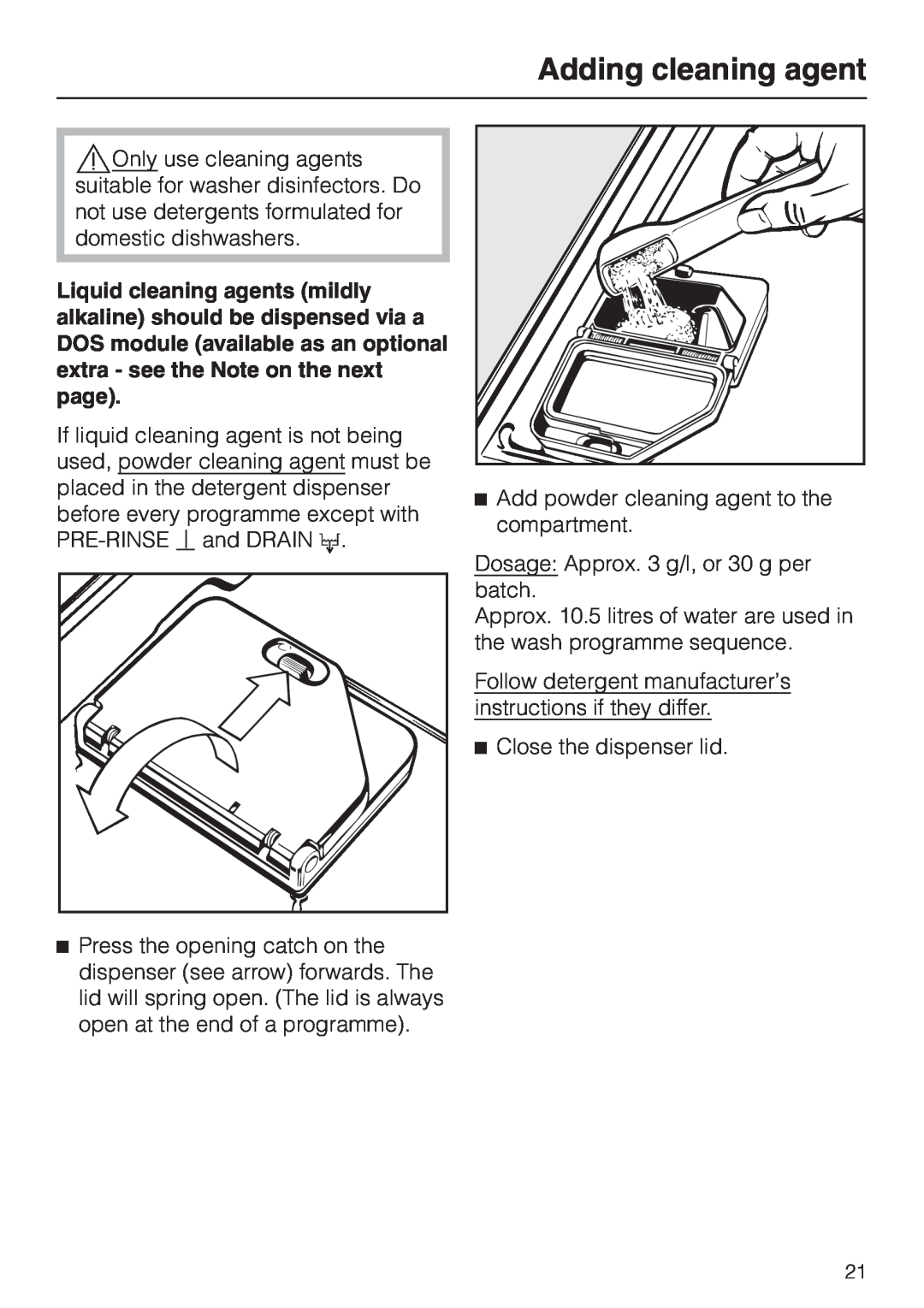 Miele G 7860 operating instructions Adding cleaning agent 