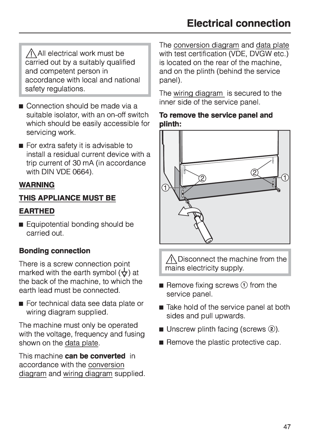Miele G 7860 operating instructions Electrical connection, This Appliance Must Be Earthed, Bonding connection 