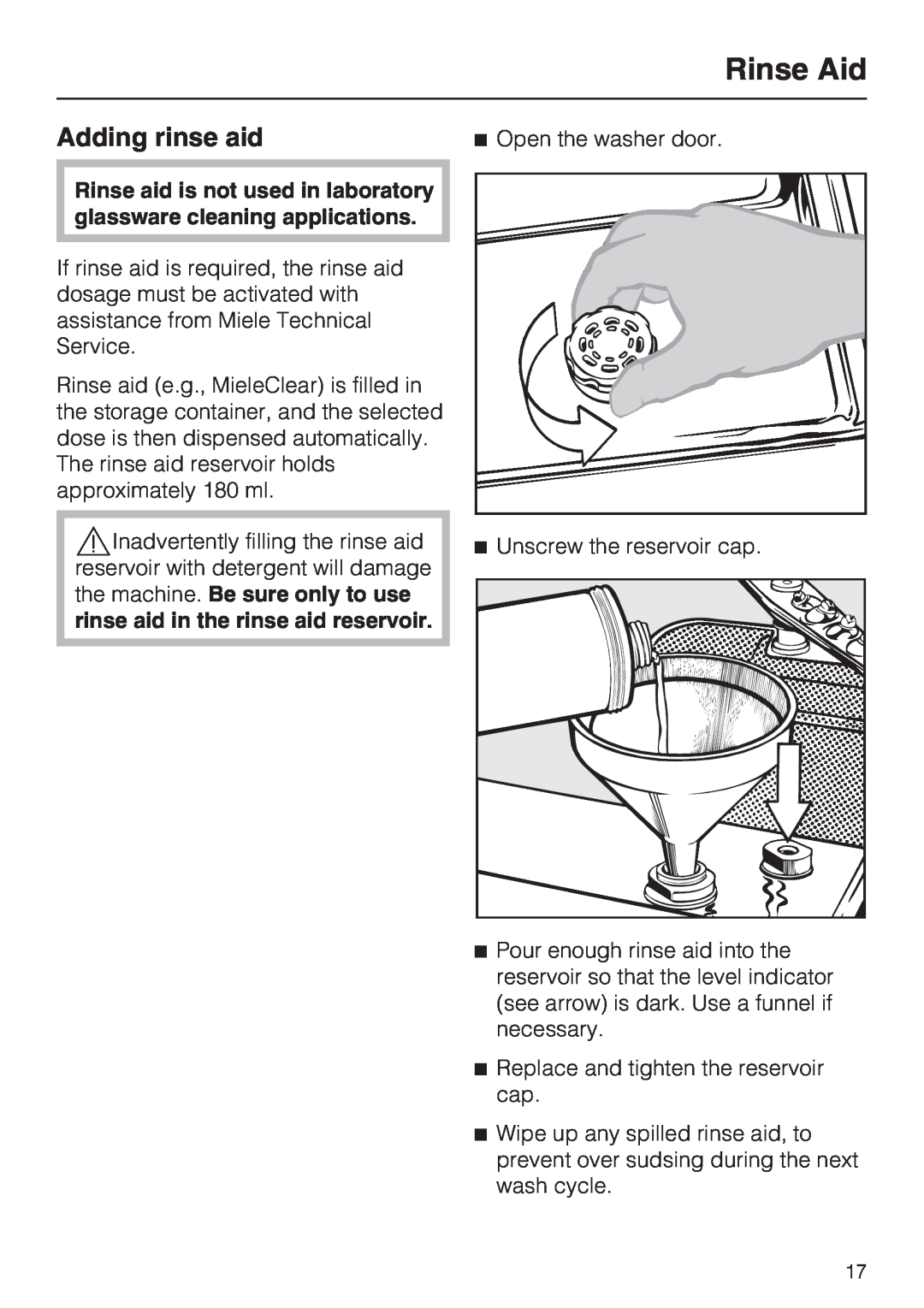 Miele G 7883 CD installation instructions Rinse Aid, Adding rinse aid 