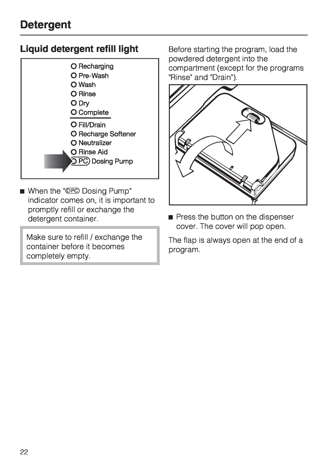 Miele G 7883 CD installation instructions Liquid detergent refill light, Detergent 