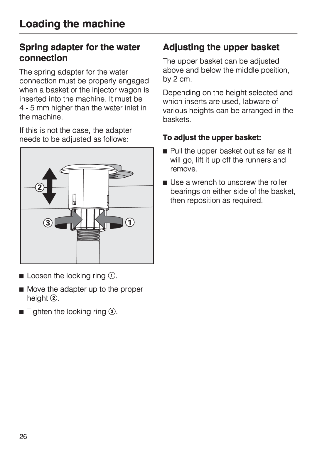 Miele G 7883 CD Spring adapter for the water connection, Adjusting the upper basket, Loading the machine 