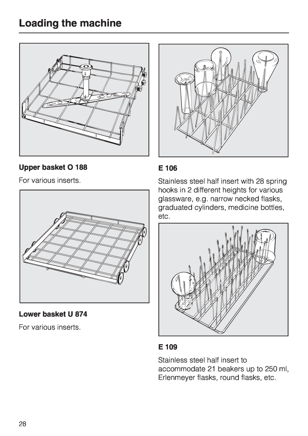 Miele G 7883 CD installation instructions Loading the machine, Upper basket O, For various inserts, Lower basket U 