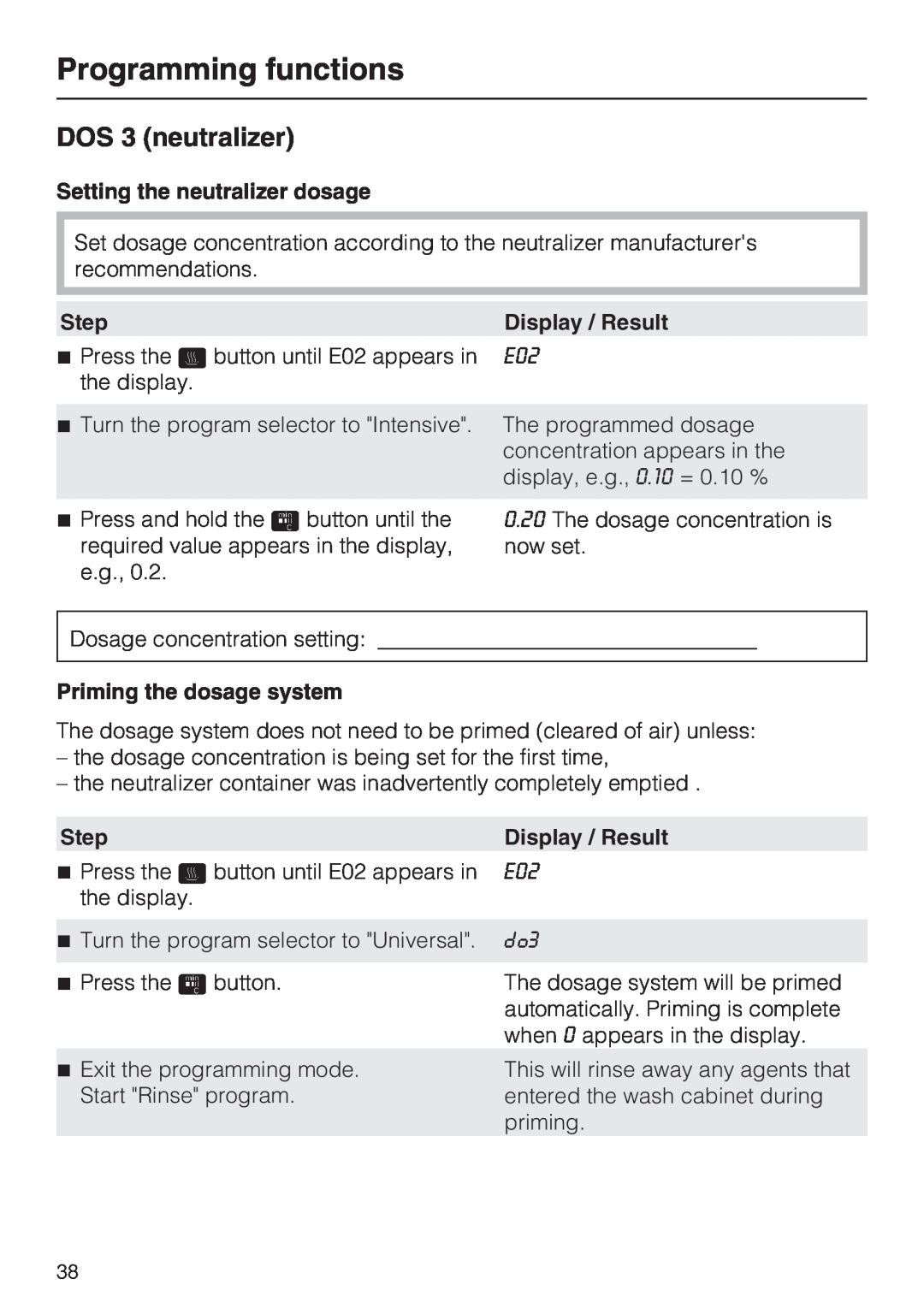 Miele G 7883 CD DOS 3 neutralizer, Programming functions, Setting the neutralizer dosage, Step, Display / Result 